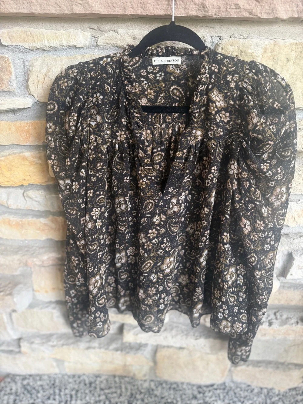 Ulla Johnson Black Floral Paisley Puff Sleeve Blouse Silk